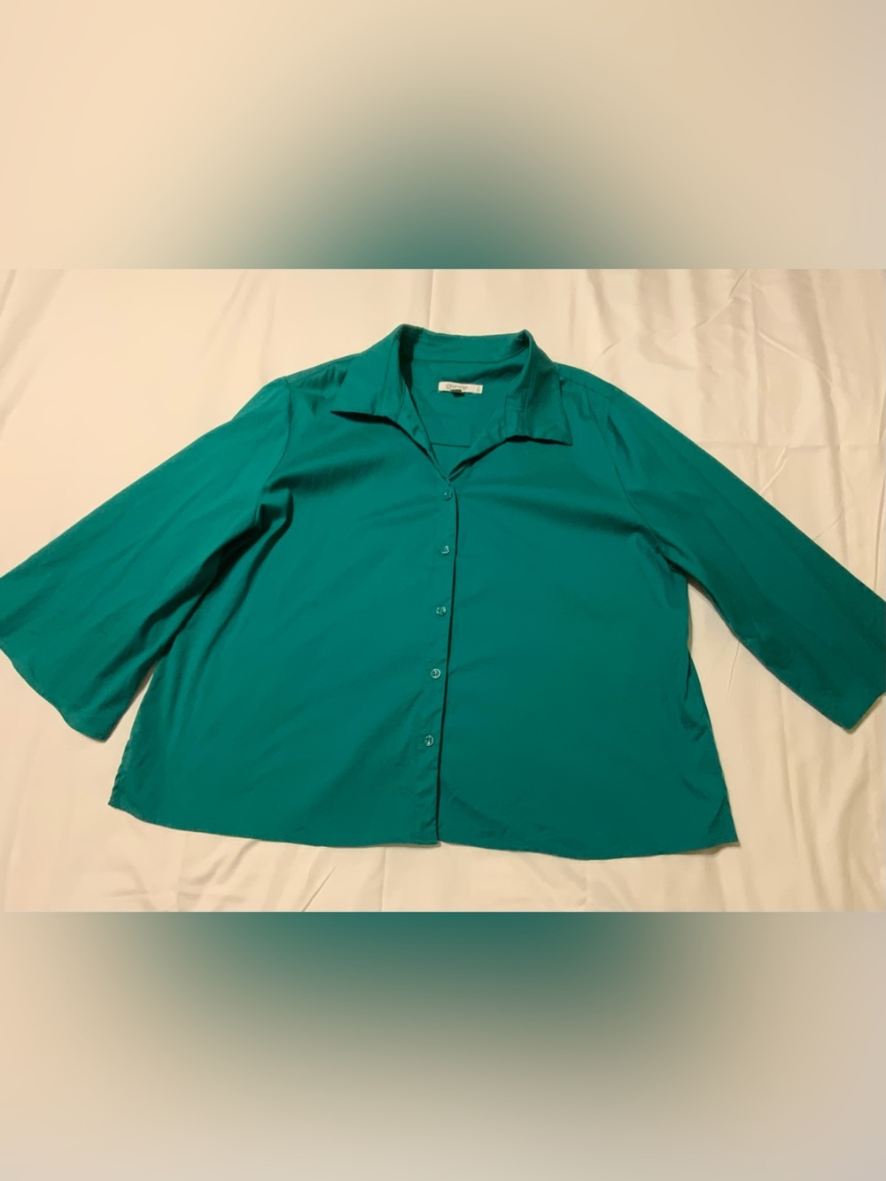 Chico's Poplin Ceramic Green Button-down Shirt Cape Sleeves Cropped Size 3